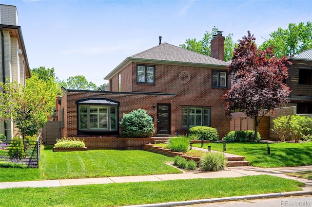 view of front of house featuring brick siding and a chimney