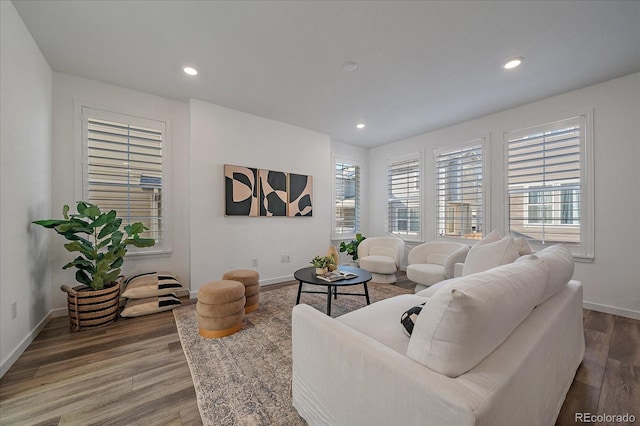 living area featuring baseboards, wood finished floors, and recessed lighting