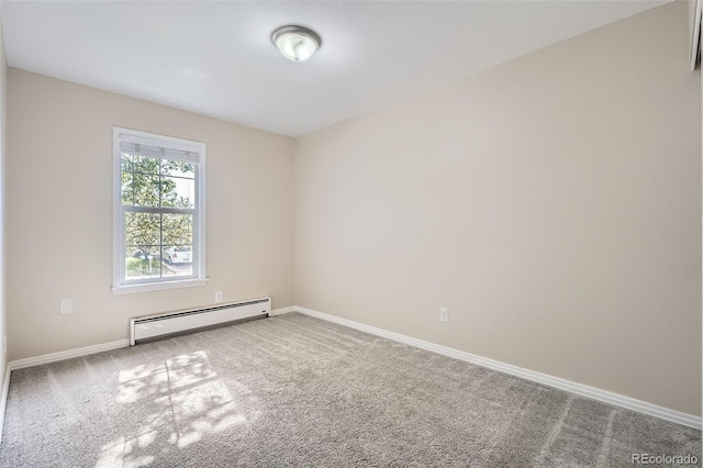 unfurnished room with baseboards, carpet flooring, and baseboard heating