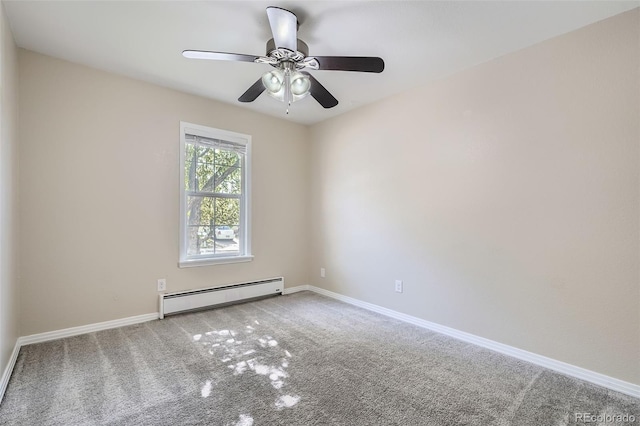 spare room featuring carpet, baseboards, and baseboard heating