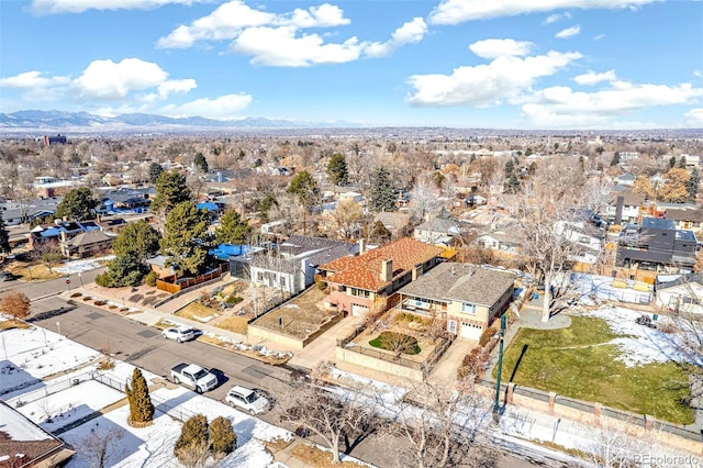 drone / aerial view featuring a mountain view