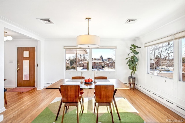 dining space featuring ornamental molding, a baseboard radiator, light hardwood / wood-style floors, and a healthy amount of sunlight