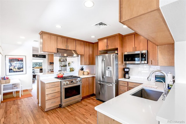 kitchen with sink, backsplash, kitchen peninsula, stainless steel appliances, and light wood-type flooring