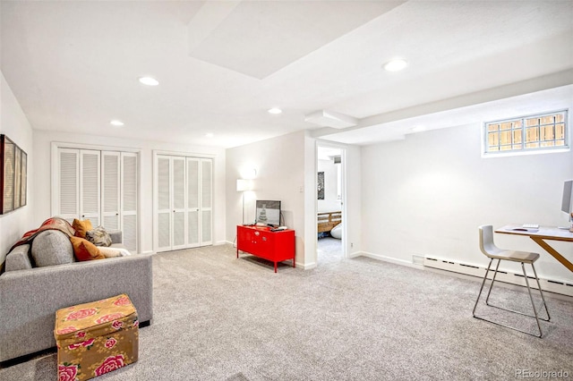 living area featuring carpet floors, recessed lighting, baseboards, and a baseboard radiator