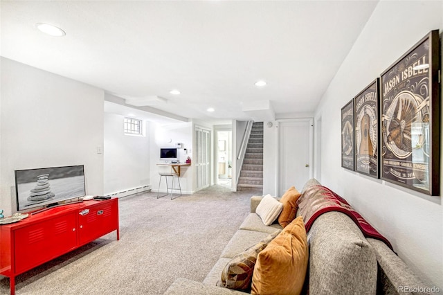 living area with a baseboard heating unit, carpet, recessed lighting, and stairs