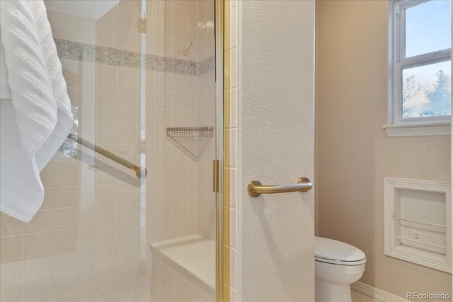 bathroom with toilet and a stall shower