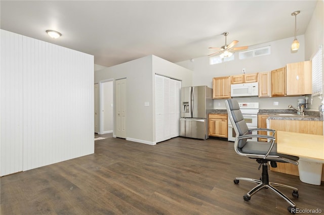 kitchen featuring dark hardwood / wood-style flooring, white appliances, ceiling fan, light brown cabinets, and decorative light fixtures