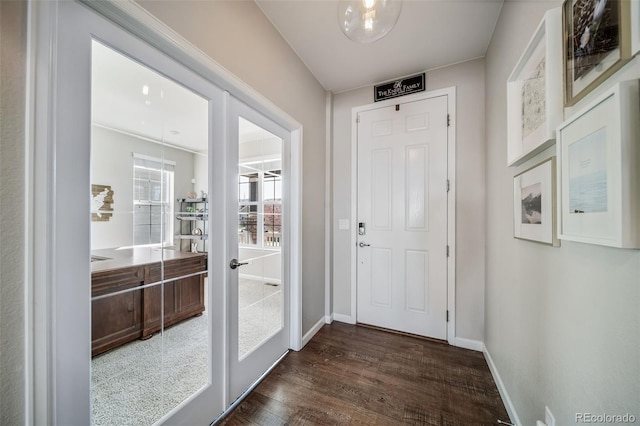 doorway to outside with baseboards, dark wood-style floors, and french doors