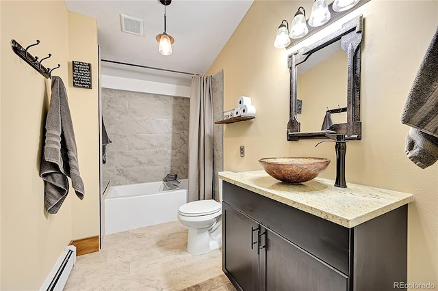 full bathroom with shower / bath combination with curtain, vanity, toilet, and a baseboard heating unit