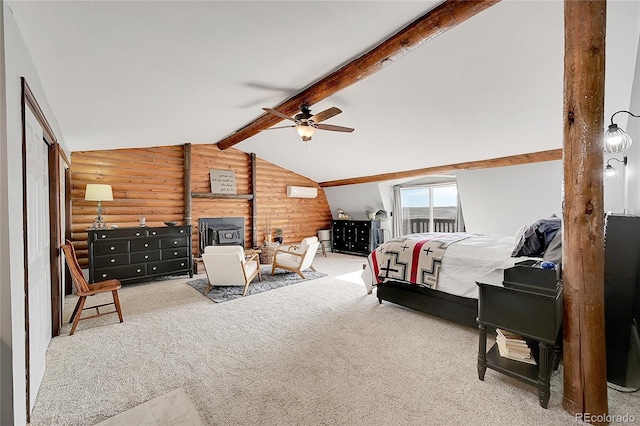 bedroom with rustic walls, vaulted ceiling with beams, wooden walls, carpet flooring, and ceiling fan