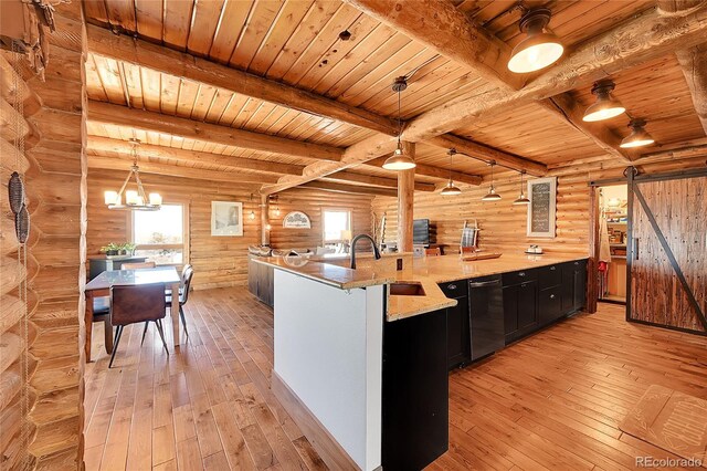 48155 E 56th Ave, Bennett, CO 80102 - kitchen with dark cabinets, light wood-style flooring, a sink, wood ceiling with exposed beams, and dishwasher