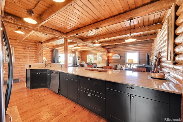 48155 E 56th Ave, Bennett, CO 80102 - kitchen with stainless steel dishwasher, dark cabinets, rustic walls, light wood-type flooring, and wood ceiling with exposed beams