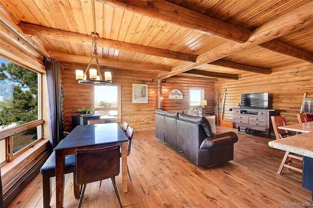 48155 E 56th Ave, Bennett, CO 80102 - dining area featuring light wood finished floors, wooden ceiling with exposed beams, a chandelier, plenty of natural light, and rustic walls