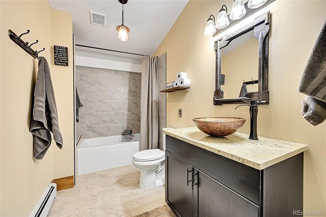 48155 E 56th Ave, Bennett, CO 80102 - full bathroom featuring vanity, shower / tub combo with curtain, toilet, and baseboard heating