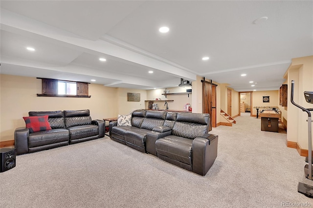 48155 E 56th Ave, Bennett, CO 80102 - living room featuring carpet flooring, recessed lighting, baseboards, and stairs