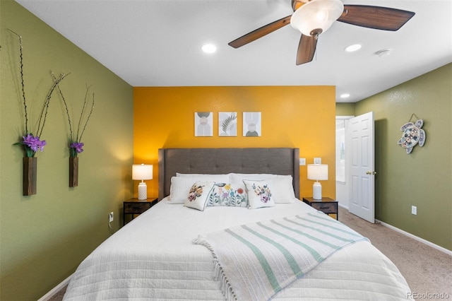 bedroom featuring recessed lighting, baseboards, ceiling fan, and carpet