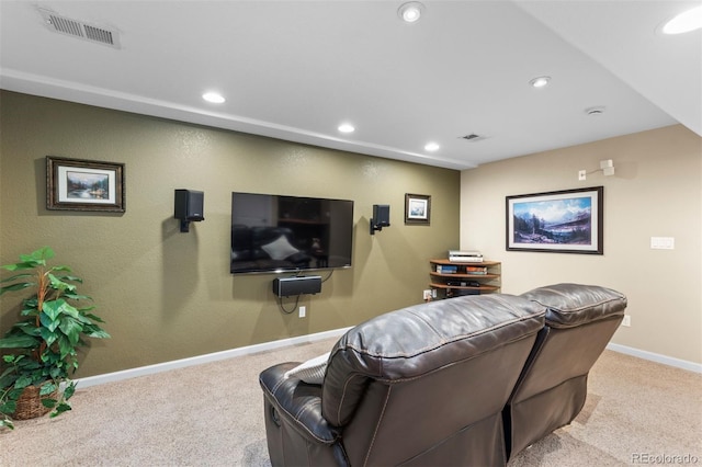 living area featuring visible vents, recessed lighting, baseboards, and carpet floors