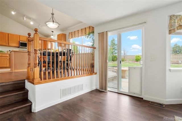 4873 Eckert St, Castle Rock, CO 80104 - dining area with dark wood-style floors, baseboards, track lighting, and lofted ceiling