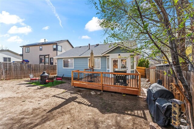 5965 Corinth Dr, Colorado Springs, CO 80923 - back of house with a deck, a fenced backyard, and a shingled roof