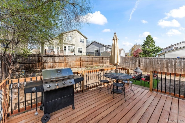 5965 Corinth Dr, Colorado Springs, CO 80923 - wooden terrace with outdoor dining space, a fenced backyard, and grilling area