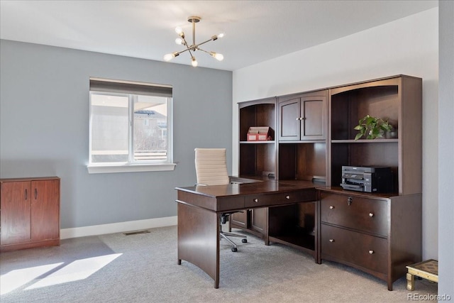 office featuring an inviting chandelier, light colored carpet, baseboards, and visible vents