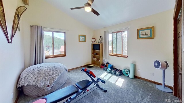 workout area featuring carpet floors, ceiling fan, lofted ceiling, and baseboards