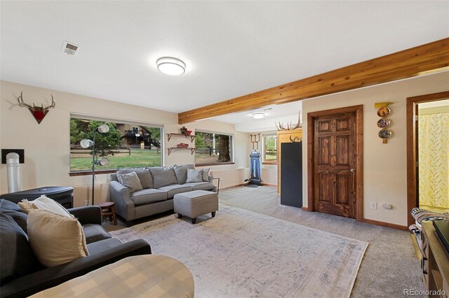living area featuring light colored carpet, baseboards, and beam ceiling