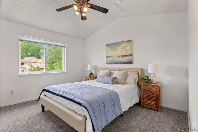 13245 Shoshone St, Denver, CO 80234 - carpeted bedroom featuring vaulted ceiling, a textured ceiling, baseboards, and a ceiling fan