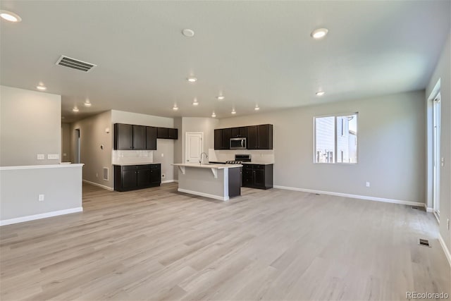 kitchen featuring light hardwood / wood-style floors, an island with sink, tasteful backsplash, and sink