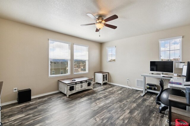 8913 Sunstone Dr, Colorado Springs, CO 80924 - home office featuring a ceiling fan, dark wood-type flooring, baseboards, and a textured ceiling