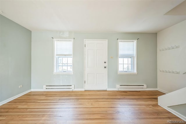 2858 Jasmine St, Denver, CO 80207 - entryway featuring a baseboard heating unit, light wood-style flooring, and baseboards