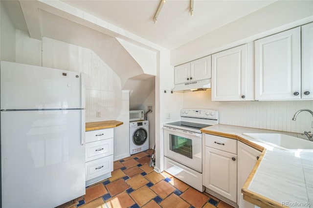 2858 Jasmine St, Denver, CO 80207 - kitchen with white appliances, under cabinet range hood, washer / dryer, a sink, and white cabinets