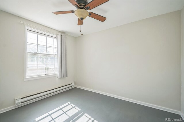 2858 Jasmine St, Denver, CO 80207 - unfurnished room featuring a baseboard radiator, ceiling fan, and baseboards