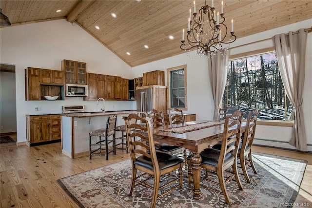 dining space with high vaulted ceiling, wooden ceiling, light wood-style floors, beam ceiling, and an inviting chandelier