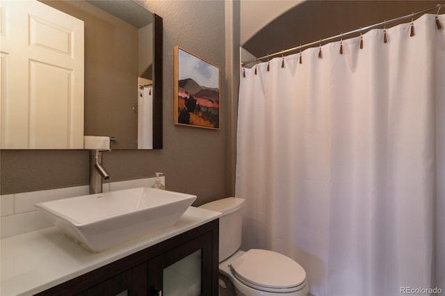 bathroom featuring toilet, vanity, and a textured wall