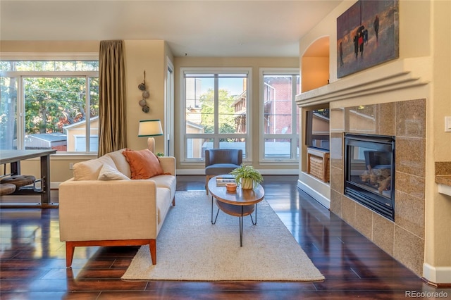 1735 N Ogden St Unit 106, Denver, CO 80218 - living room featuring dark wood-style floors, healthy amount of natural light, a tile fireplace, and baseboards