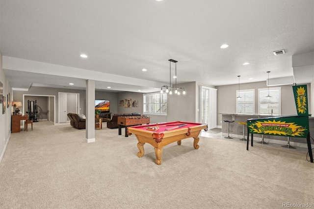 7797 S Valleyhead Way, Aurora, CO 80016 - playroom featuring billiards, visible vents, baseboards, and recessed lighting