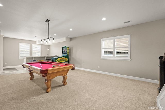 7797 S Valleyhead Way, Aurora, CO 80016 - rec room featuring visible vents, light carpet, baseboards, and recessed lighting