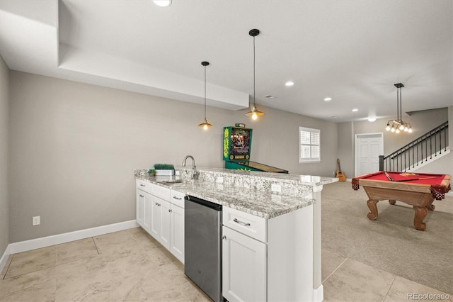 7797 S Valleyhead Way, Aurora, CO 80016 - kitchen with pool table, refrigerator, a sink, a peninsula, and white cabinets