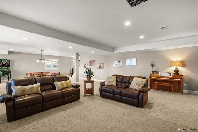 7797 S Valleyhead Way, Aurora, CO 80016 - living room with recessed lighting, light carpet, visible vents, and billiards
