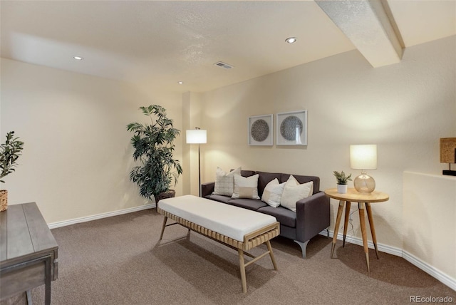 living room featuring visible vents, baseboards, recessed lighting, and carpet