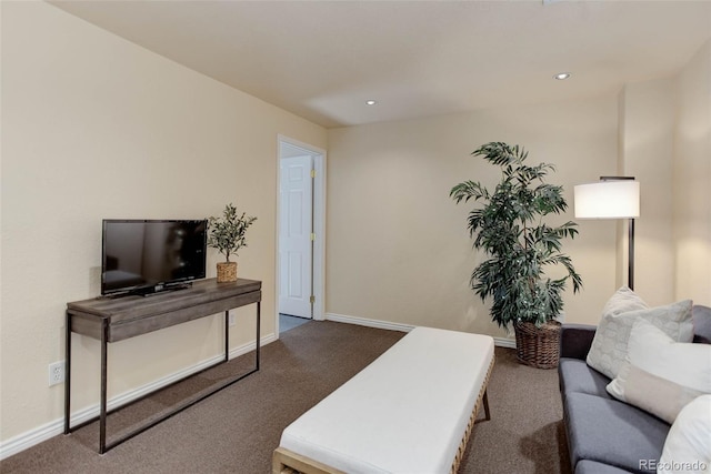 living area featuring baseboards and carpet flooring