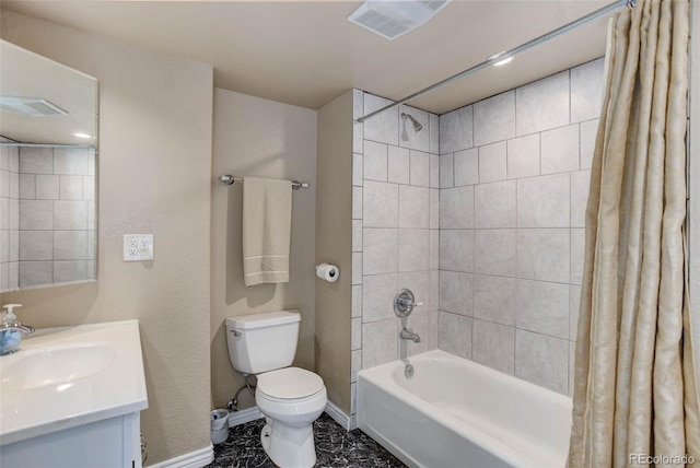 bathroom featuring vanity, baseboards, shower / bath combination with curtain, toilet, and visible vents