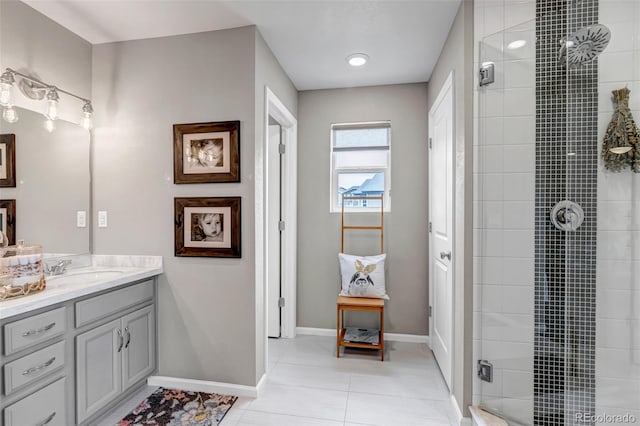 3778 Happyheart Way, Castle Rock, CO 80109 - full bathroom with vanity, a shower stall, tile patterned floors, and baseboards
