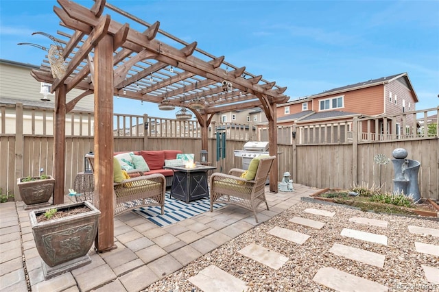 3778 Happyheart Way, Castle Rock, CO 80109 - fenced backyard featuring an outdoor living space with a fire pit, a patio area, and a pergola