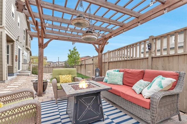3778 Happyheart Way, Castle Rock, CO 80109 - fenced backyard featuring an outdoor living space with a fire pit, a pergola, and a patio