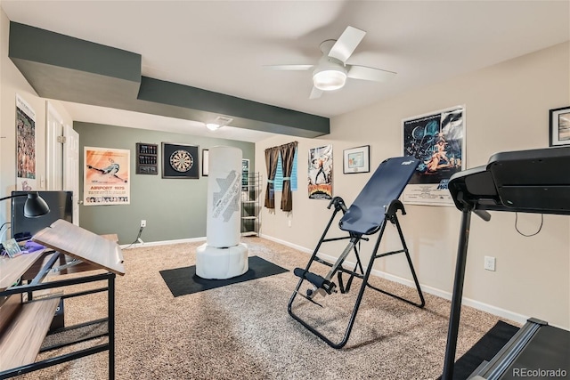 workout area with carpet and ceiling fan