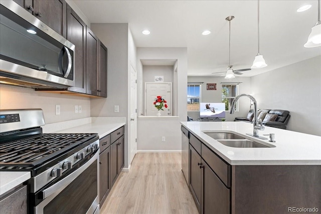 kitchen featuring dark brown cabinetry, a sink, light wood finished floors, light countertops, and stainless steel appliances