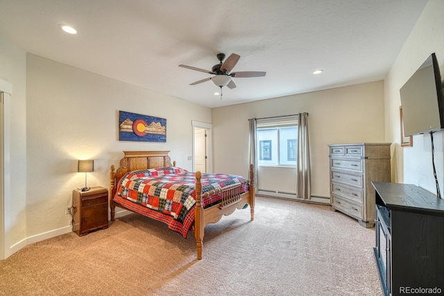 bedroom featuring ceiling fan, recessed lighting, a baseboard radiator, and light colored carpet