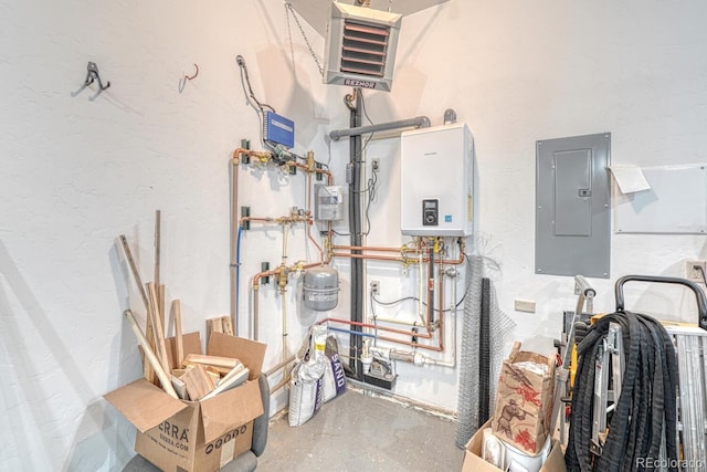 utility room featuring water heater, electric panel, and a heating unit